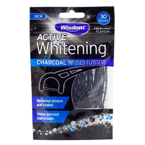 Зубочистки Wisdom Active Whitening Charcoal Floss Harps, угольные, с мультиволокнистой нитью, 30 шт